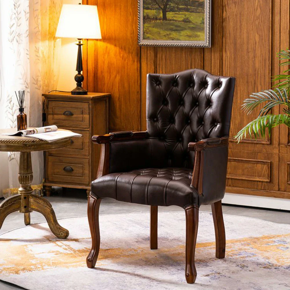 LIVARA Deep Coffee Vintage Accent Armchair - Retro PU Leather Upholstery, Solid Wood Frame, Tufted Backrest, Elegant Living Room Single Sofa Chair - Walnut Finish & Coffee PU - Image 2