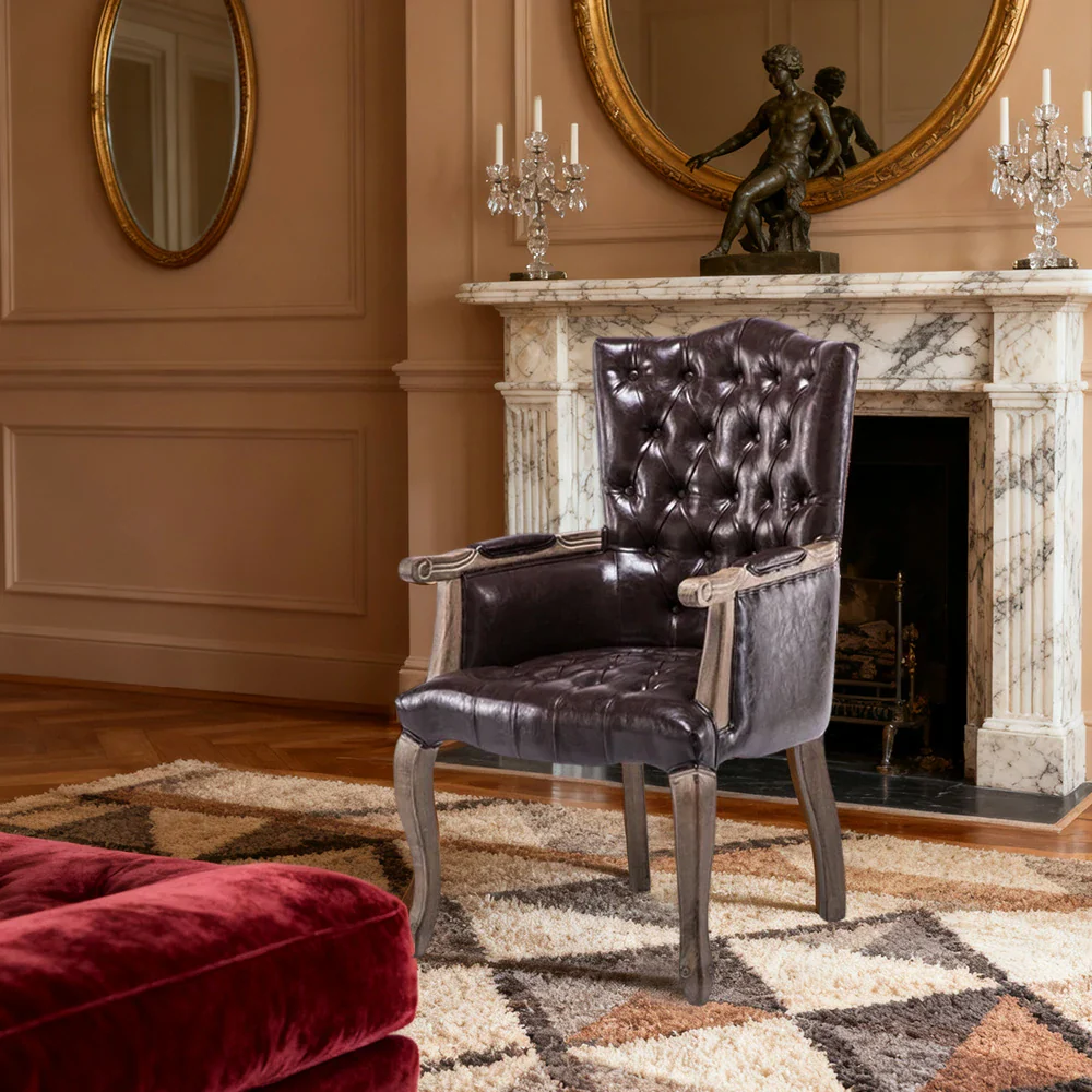 LIVARA Deep Coffee Vintage Accent Armchair - Retro PU Leather Upholstery, Solid Wood Frame, Tufted Backrest, Elegant Living Room Single Sofa Chair - Walnut Finish & Coffee PU - Image 4
