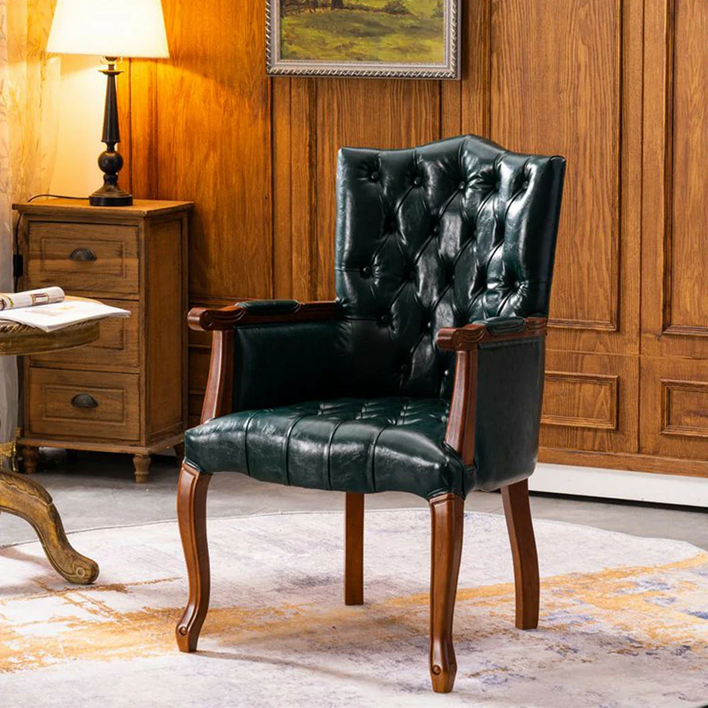 LIVARA Deep Coffee Vintage Accent Armchair - Retro PU Leather Upholstery, Solid Wood Frame, Tufted Backrest, Elegant Living Room Single Sofa Chair - Walnut Finish & Green PU - Image 2