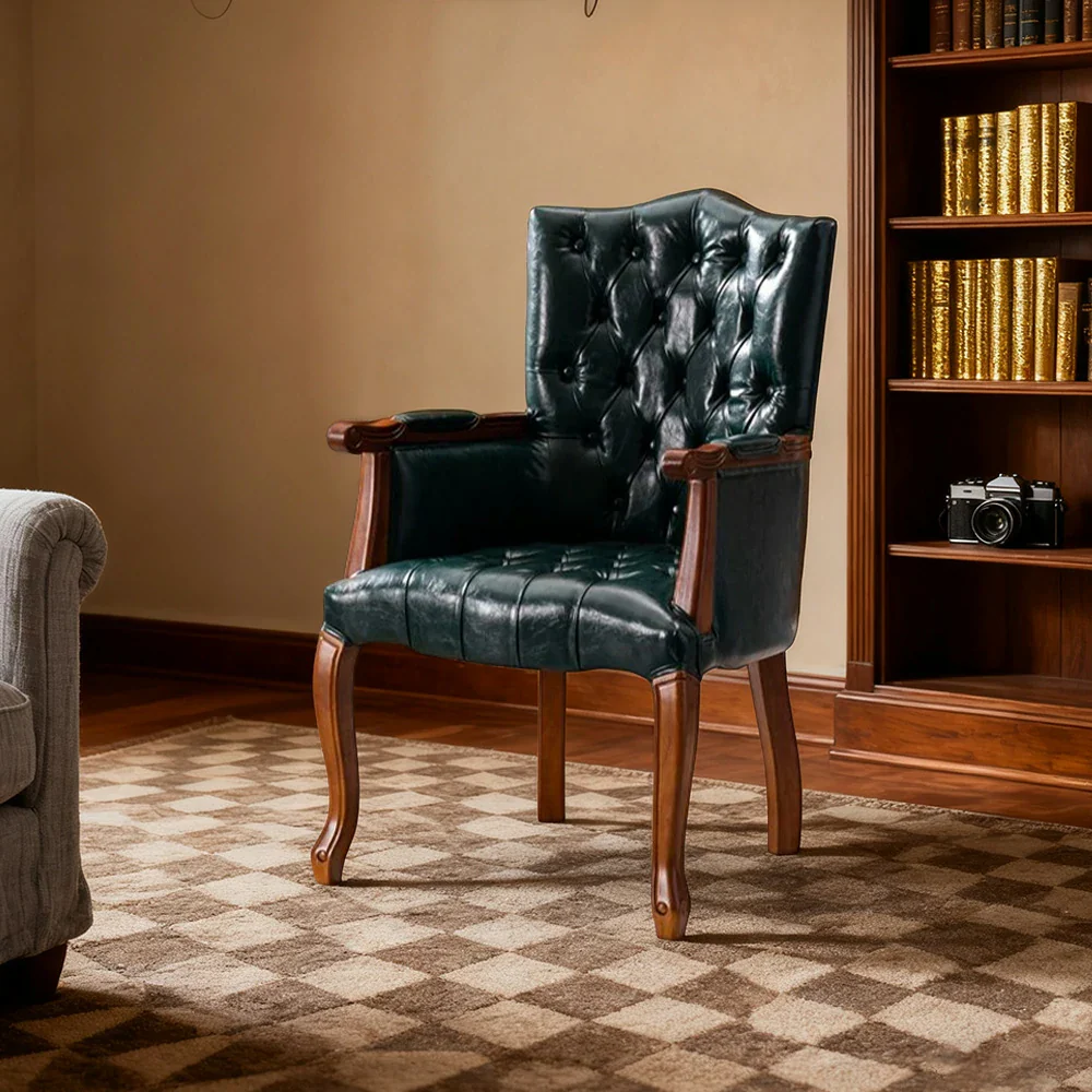 LIVARA Deep Coffee Vintage Accent Armchair - Retro PU Leather Upholstery, Solid Wood Frame, Tufted Backrest, Elegant Living Room Single Sofa Chair - Walnut Finish & Green PU - Image 3