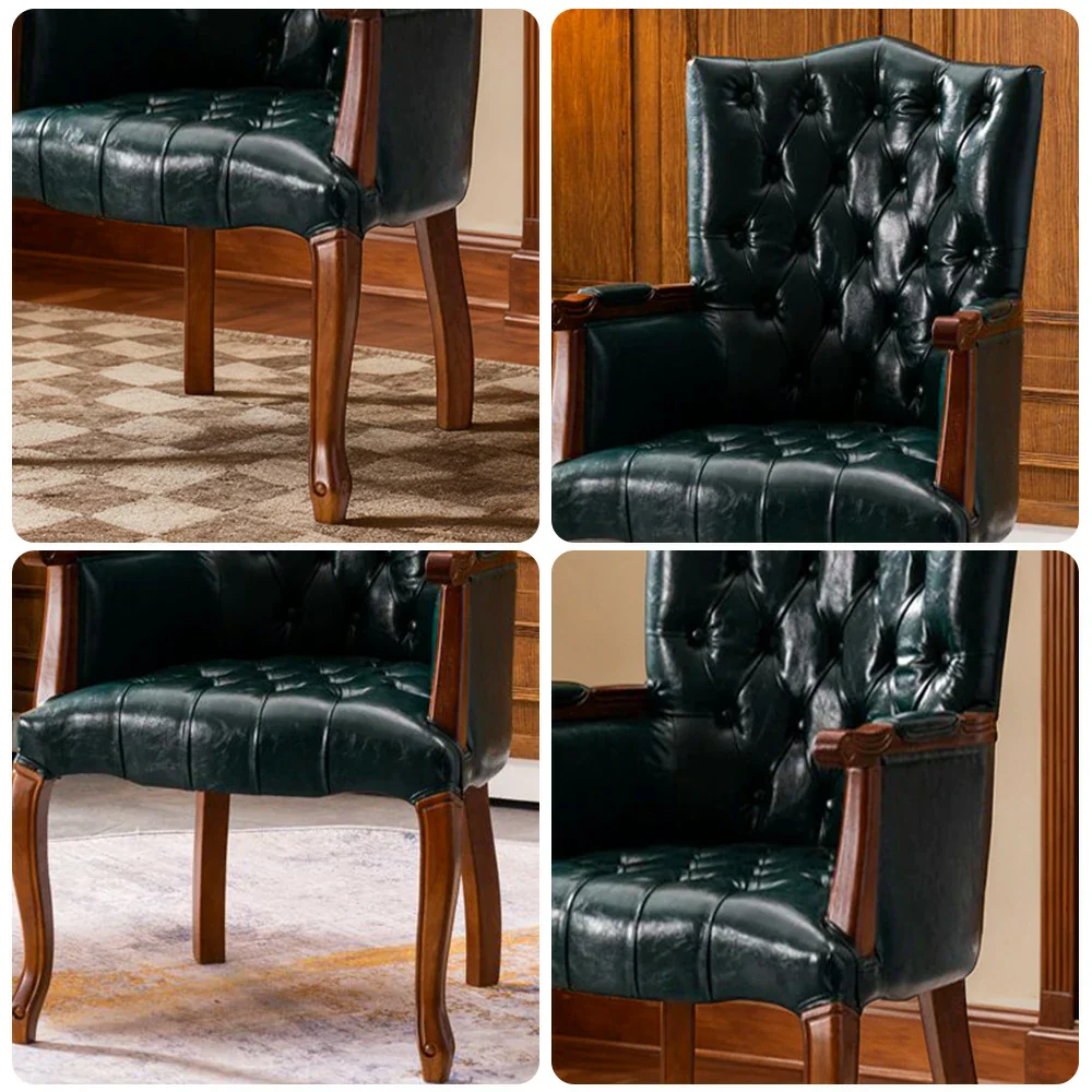 LIVARA Deep Coffee Vintage Accent Armchair - Retro PU Leather Upholstery, Solid Wood Frame, Tufted Backrest, Elegant Living Room Single Sofa Chair - Walnut Finish & Green PU - Image 4