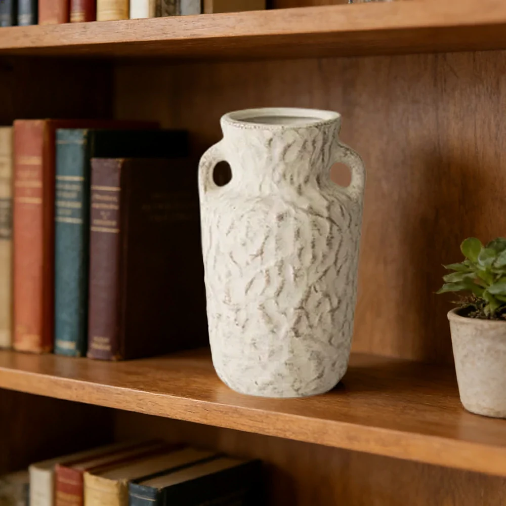 LIVARA Ceramic Vase Ornament Sculpted Double-Handle Form with Flowing Texture Decorative Art Vessel Matte Ceramic - Image 4