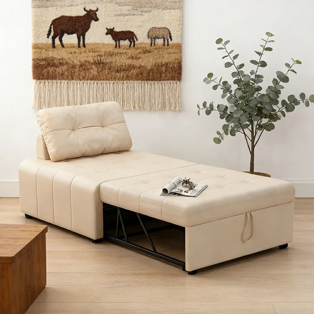 LIVARA 88/108cm Adjustable Backrest Convertible Sofa Bed, Wear-Resistant Cat Scratch Fabric, Space-Saving Sleeper Design - White - Image 2