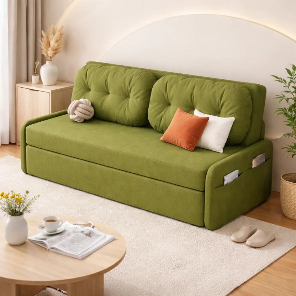 LIVARA 100/120cm Sofa Bed, Skin-Friendly Milk Velvet Fabric, No Storage Design, 8cm Comfort Foam Cushion, Space-Saving Pull-Out Style - Green - Image 2