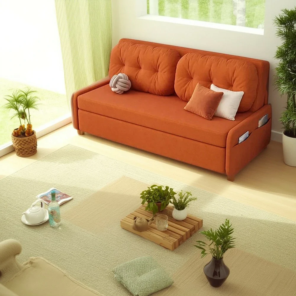 LIVARA 100/120cm Sofa Bed, Skin-Friendly Milk Velvet Fabric, No Storage Design, 8cm Comfort Foam Cushion, Space-Saving Pull-Out Style - Orange - Image 2