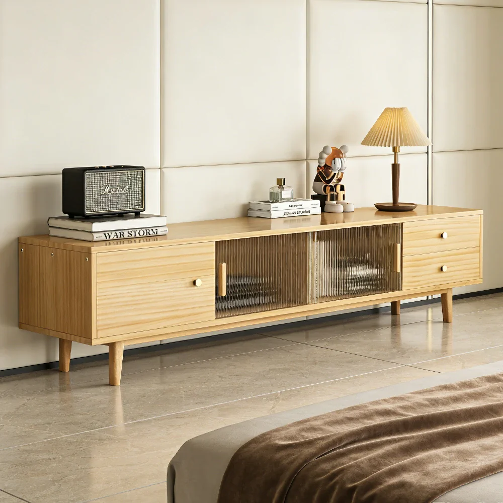 LIVARA 200cm Glass Door TV Unit - Wide Tabletop with Thickened Panel Construction, Multi-Storage Drawers & Solid Wood Legs - Image 2