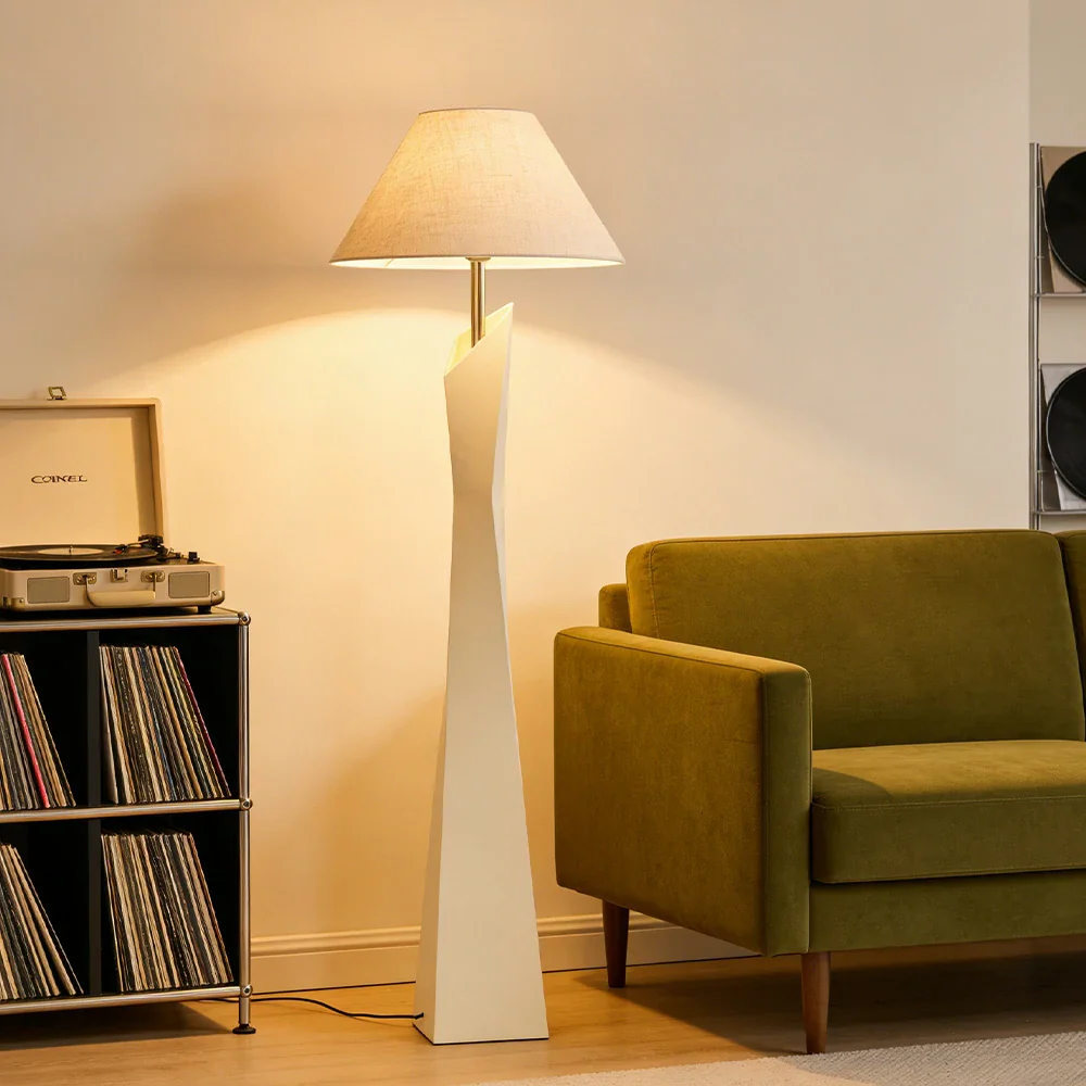 LIVARA Modern Floor Lamp Soft Ambient Light Hat-Style Linen Shade Resin Frame Elegant Style - White - Image 4