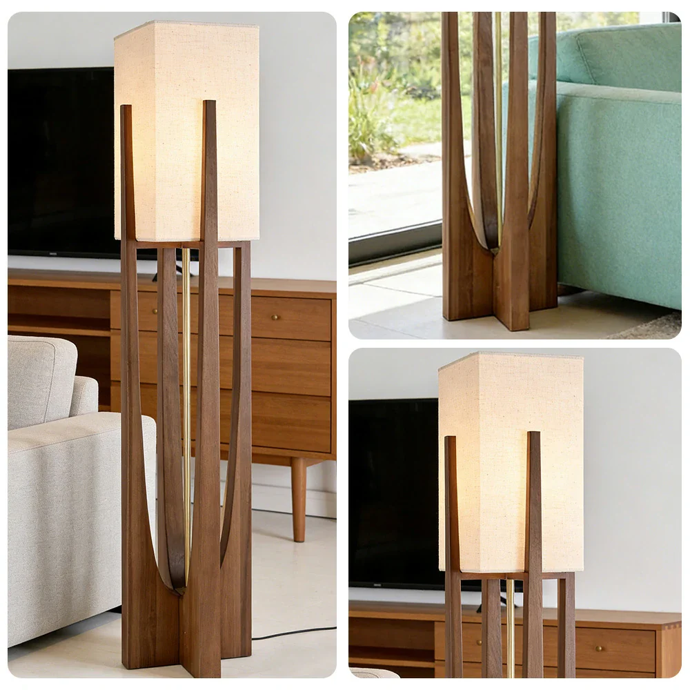 LIVARA Floor Lamp 52/82/145cm Soft Lighting Cotton-Linen Shade Ash Wood Body Brass Hardware Premium Design - Walnut - Image 13