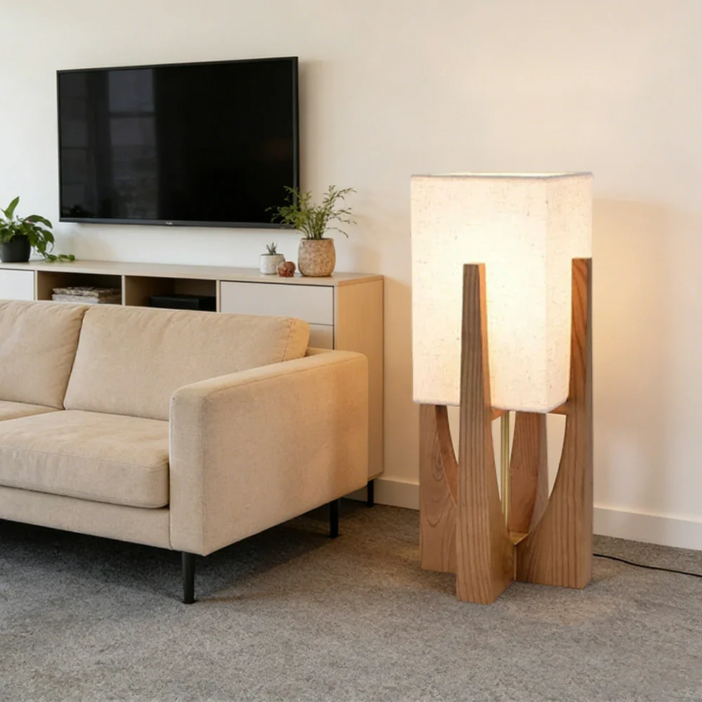 LIVARA Floor Lamp 52/82/145cm Soft Lighting Cotton-Linen Shade Ash Wood Body Brass Hardware Premium Design - Walnut - Image 4