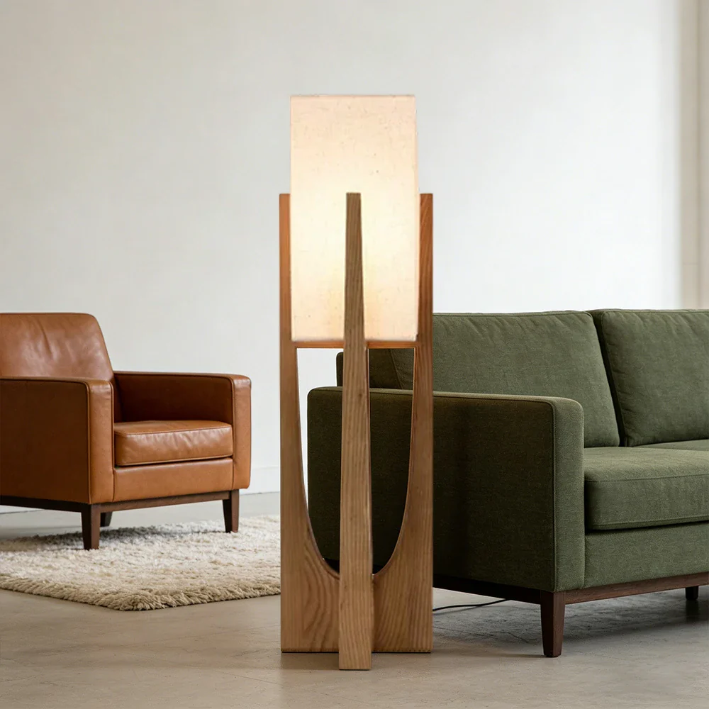 LIVARA Floor Lamp 52/82/145cm Soft Lighting Cotton-Linen Shade Ash Wood Body Brass Hardware Premium Design - Walnut - Image 7