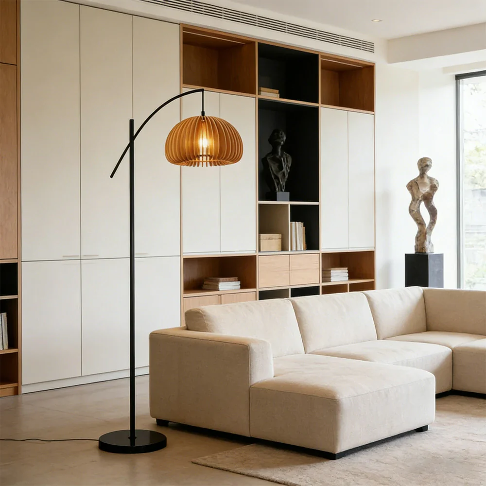 LIVARA Floor Lamp Soft Ambient Lighting Pumpkin-Style Shade Metal & Marble Base Premium Design - Black - Image 4