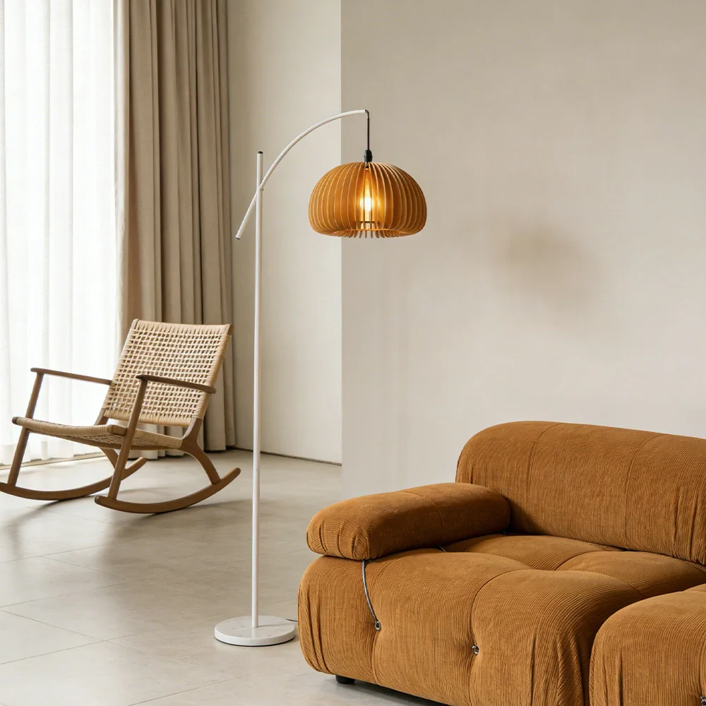 LIVARA Floor Lamp Soft Ambient Lighting Pumpkin-Style Shade Metal & Marble Base Premium Design - White - Image 2