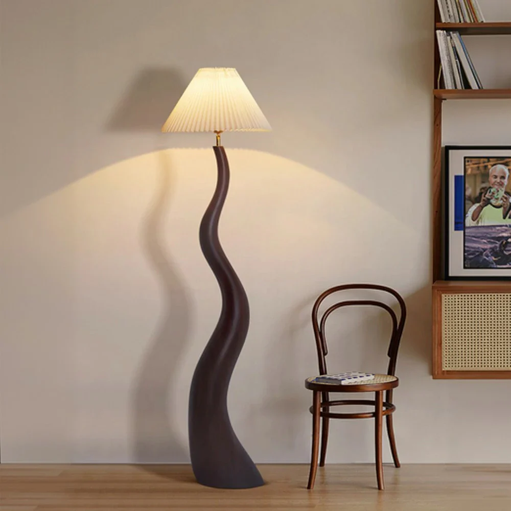 LIVARA Floor Lamp Adjustable Shade Soft Lighting Fabric & Resin Build Pleated Design - Walnut - Image 2