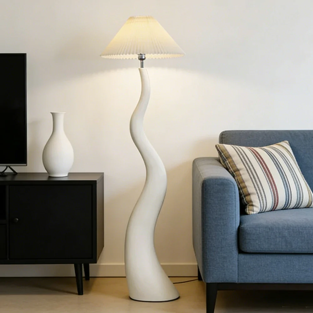 LIVARA Floor Lamp Adjustable Shade Soft Lighting Fabric & Resin Build Pleated Design - White - Image 2
