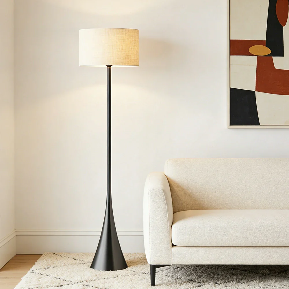 LIVARA Floor Lamp Three-Mode Lighting Vintage Fabric Shade Iron Base Triangular Stable Design - Image 4