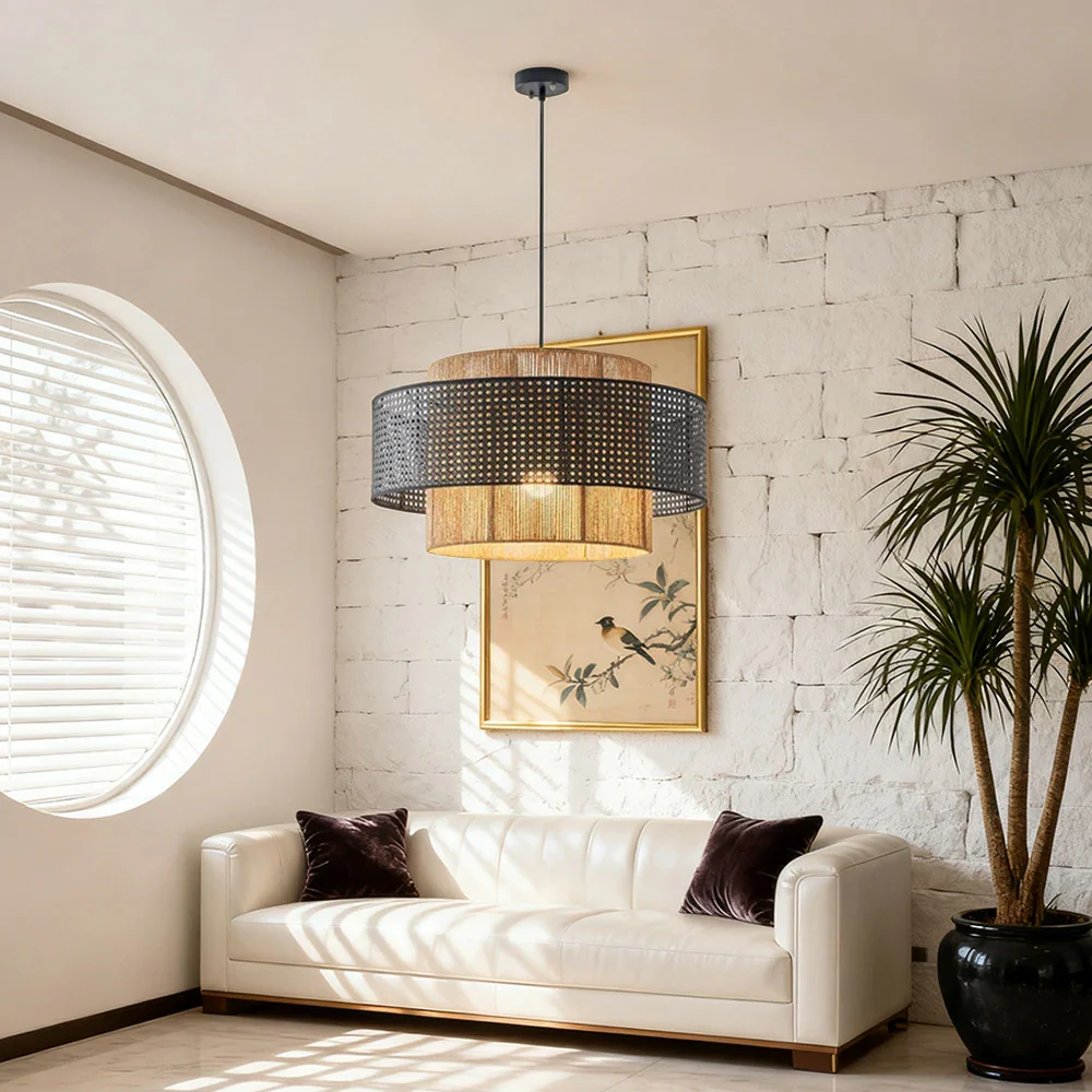 LIVARA 40/60/80cm Hemp Rope & Rattan Pendant Light, Double-Layer Handwoven Lampshade with E27 LED Bulb Included, Natural Woven Ceiling Light - Black - Image 4
