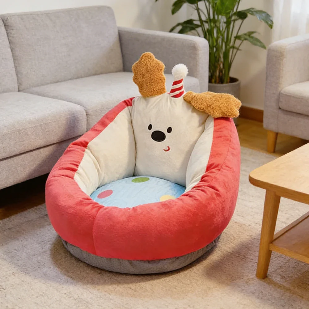 LIVARA 50/60cm Floor Seat Cushion, Wraparound Support Design, Plush Filled Core, Red Happy Dog Pattern, Non-Slip Base - Image 4