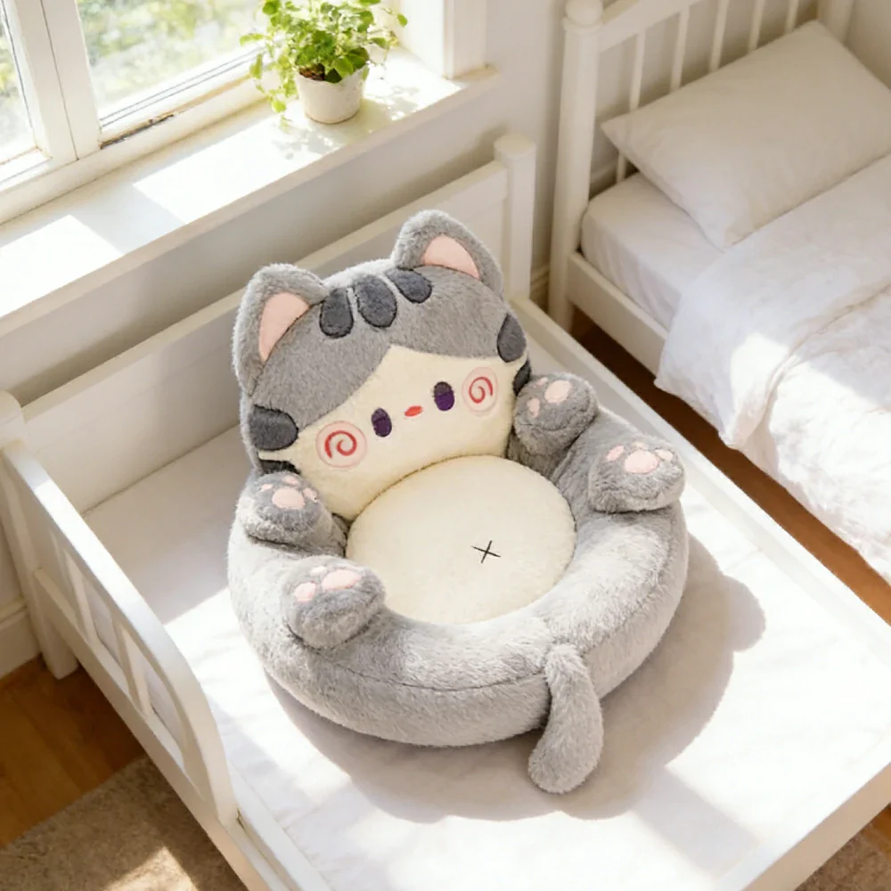 LIVARA Floor Seat Cushion, Wraparound Support Design, Plush Filled Core, Cute Cat Pattern, Non-Slip Base - Grey - Image 2