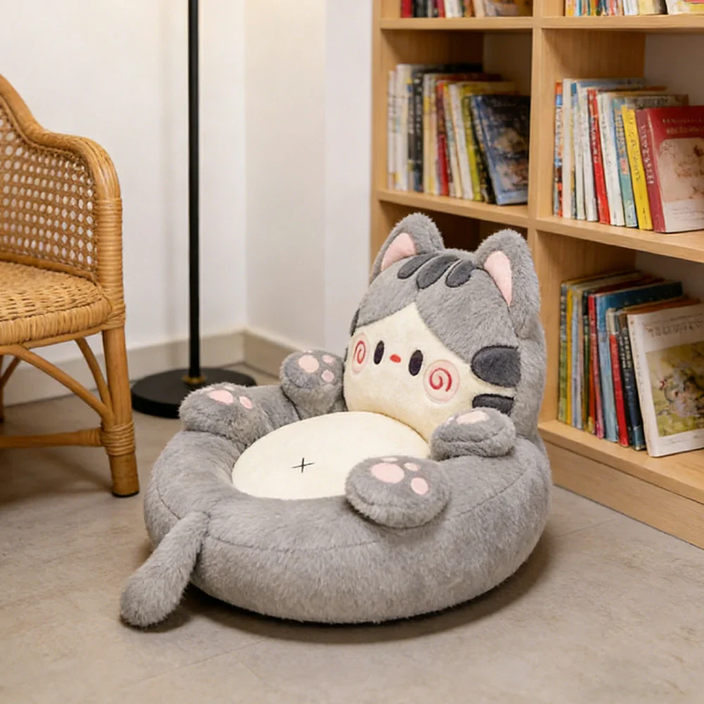LIVARA Floor Seat Cushion, Wraparound Support Design, Plush Filled Core, Cute Cat Pattern, Non-Slip Base - Grey - Image 4