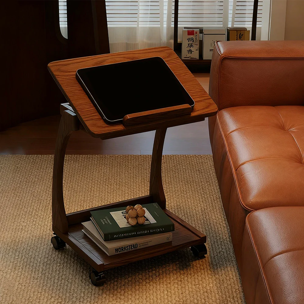 LIVARA 40cm Flip-Top C-Shaped Side Table, Solid Rubberwood Frame, Adjustable Angles, Multi-Tier Storage, Lockable Wheels, iPad & Laptop Holder - Brown - Image 2