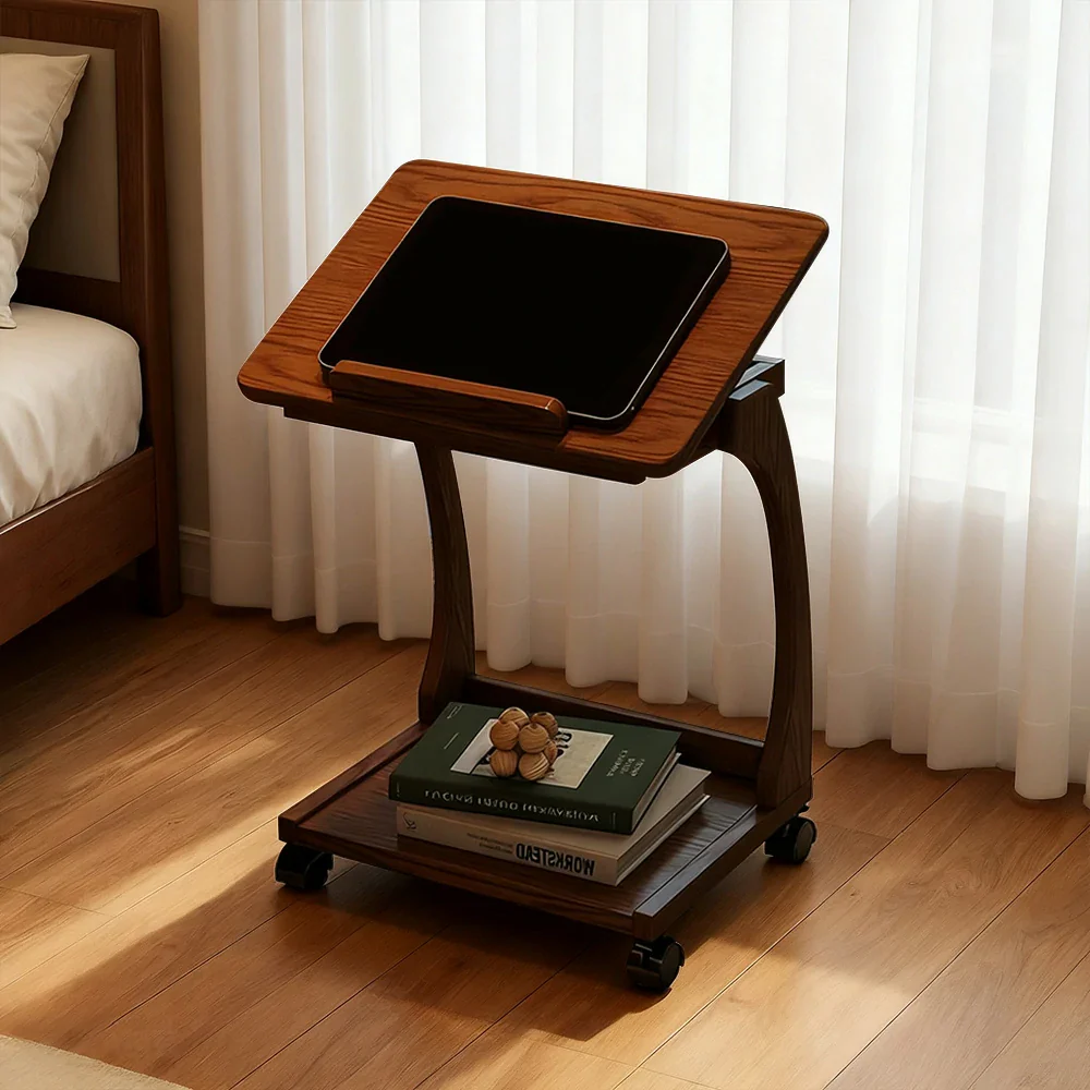 LIVARA 40cm Flip-Top C-Shaped Side Table, Solid Rubberwood Frame, Adjustable Angles, Multi-Tier Storage, Lockable Wheels, iPad & Laptop Holder - Brown - Image 3