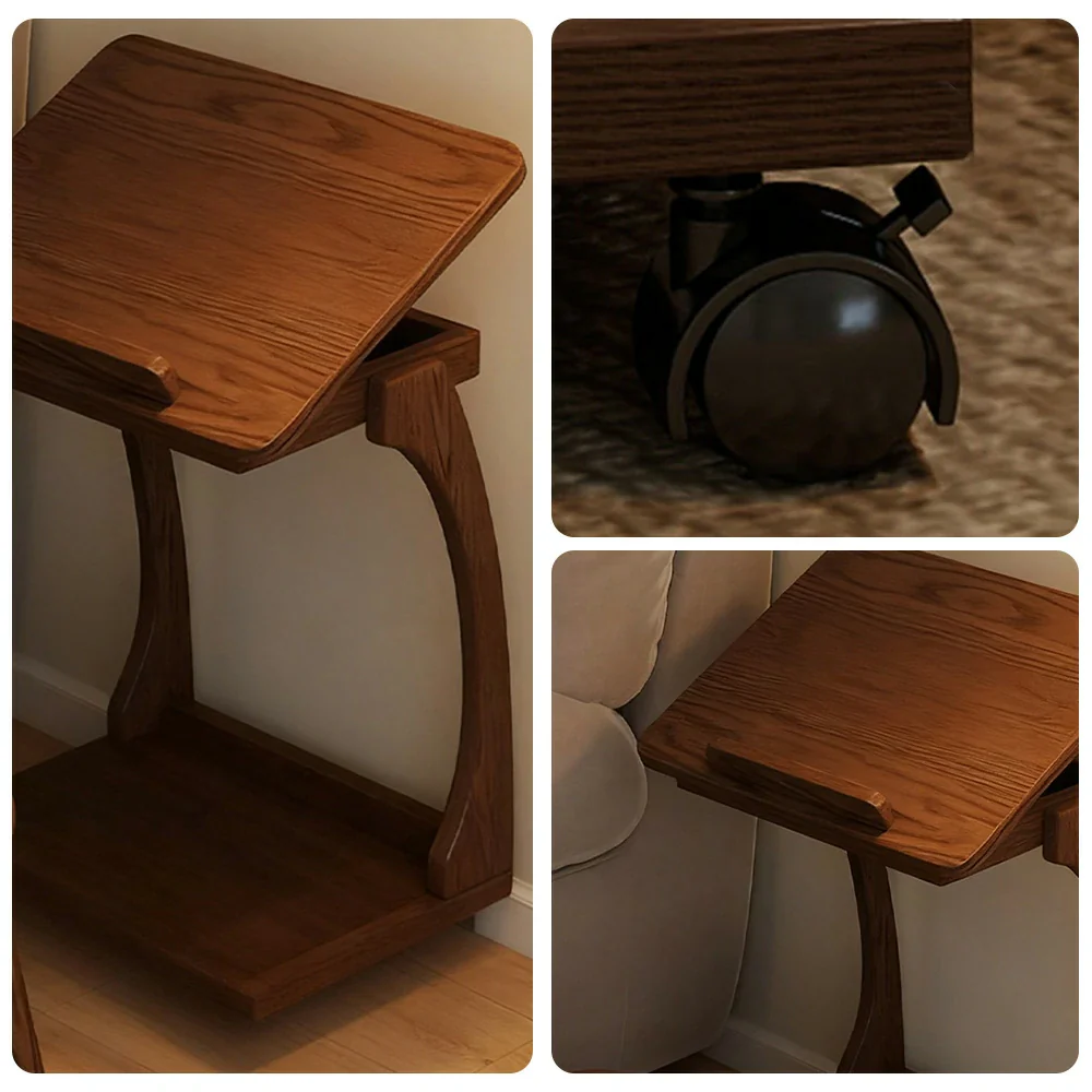LIVARA 40cm Flip-Top C-Shaped Side Table, Solid Rubberwood Frame, Adjustable Angles, Multi-Tier Storage, Lockable Wheels, iPad & Laptop Holder - Brown - Image 4