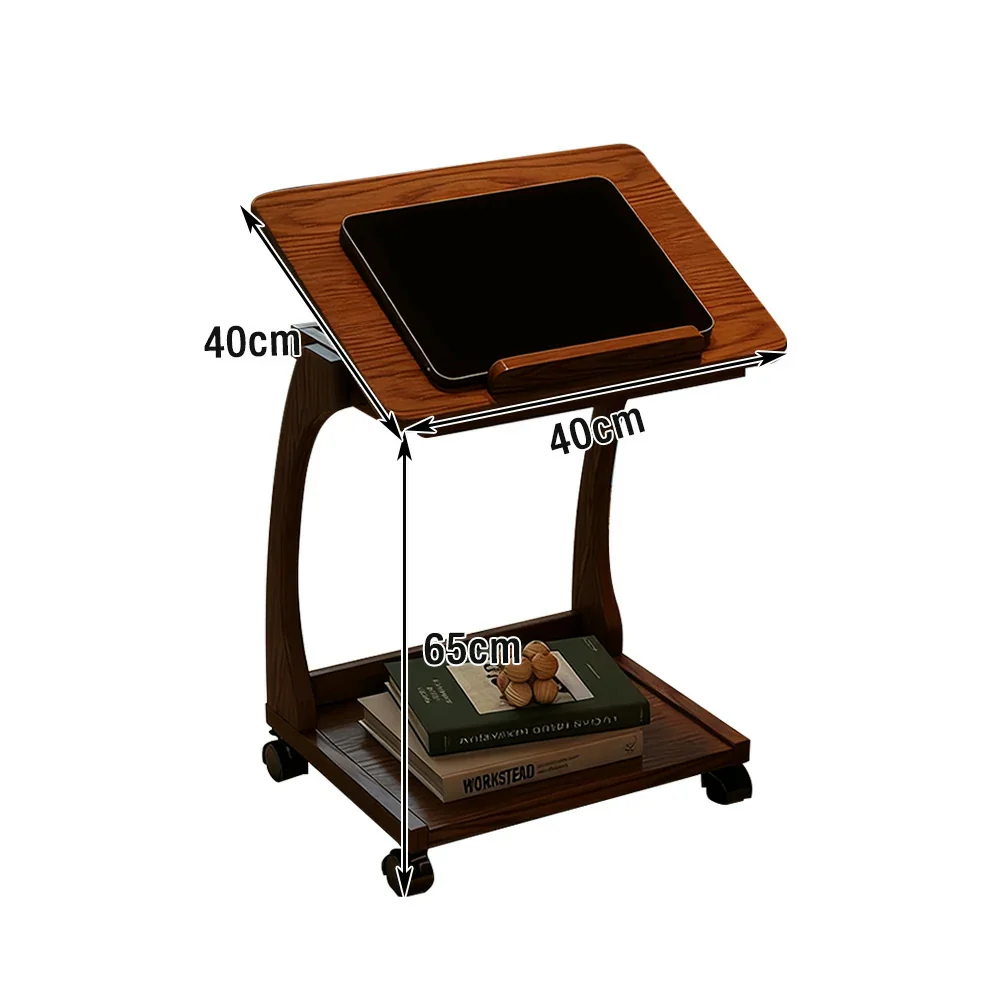 LIVARA 40cm Flip-Top C-Shaped Side Table, Solid Rubberwood Frame, Adjustable Angles, Multi-Tier Storage, Lockable Wheels, iPad & Laptop Holder - Brown - Image 5