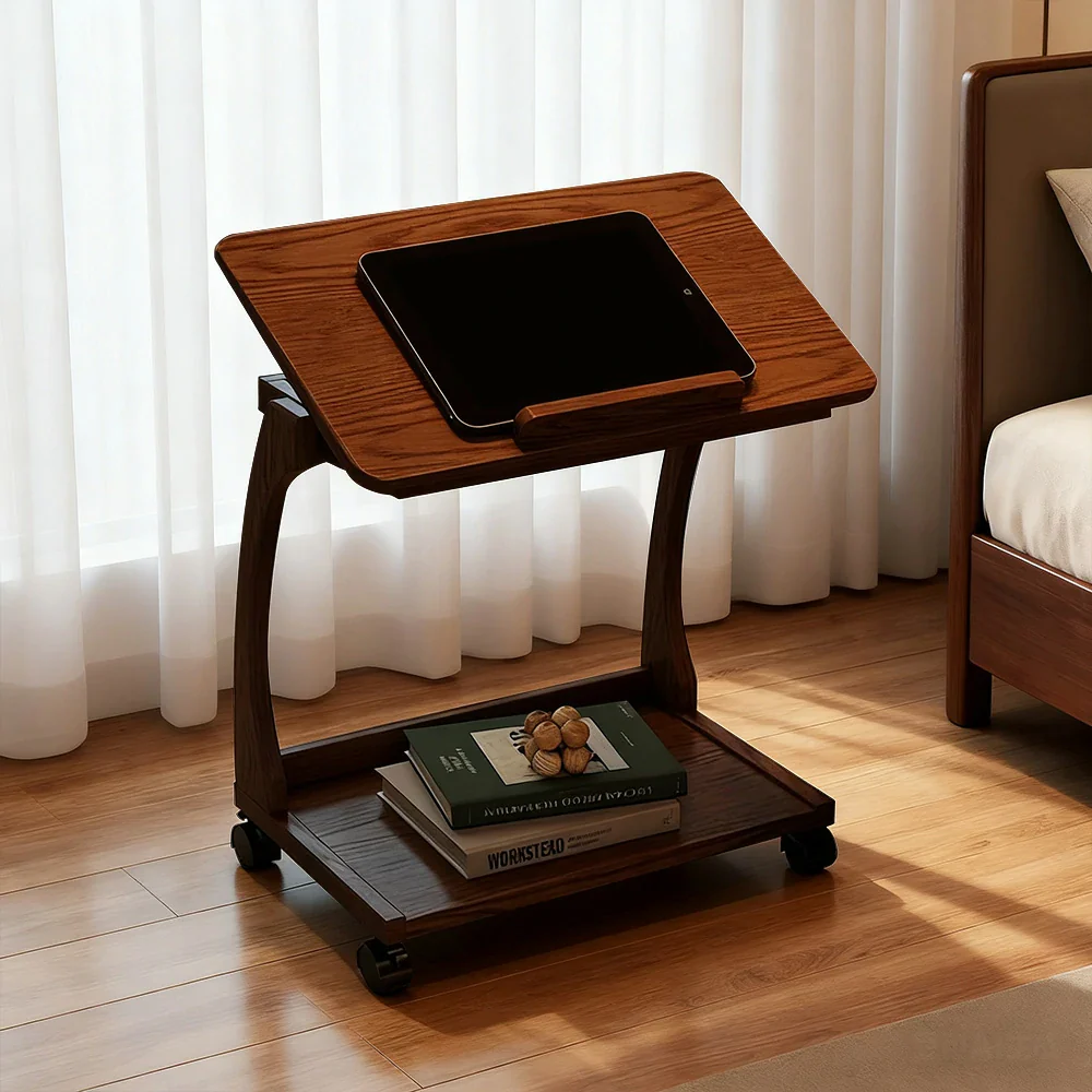 LIVARA 40cm Flip-Top C-Shaped Side Table, Solid Rubberwood Frame, Adjustable Angles, Multi-Tier Storage, Lockable Wheels, iPad & Laptop Holder - Brown - Image 7