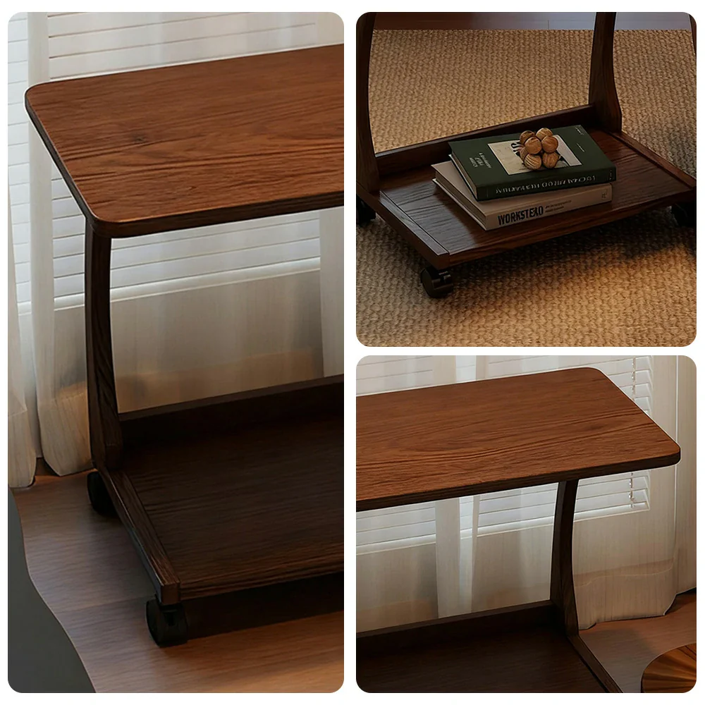 LIVARA 40cm Flip-Top C-Shaped Side Table, Solid Rubberwood Frame, Adjustable Angles, Multi-Tier Storage, Lockable Wheels, iPad & Laptop Holder - Brown - Image 8