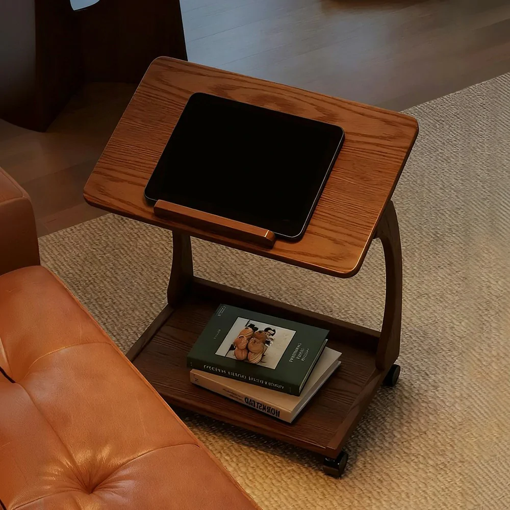 LIVARA 40cm Flip-Top C-Shaped Side Table, Solid Rubberwood Frame, Adjustable Angles, Multi-Tier Storage, Lockable Wheels, iPad & Laptop Holder - Brown - Image 9