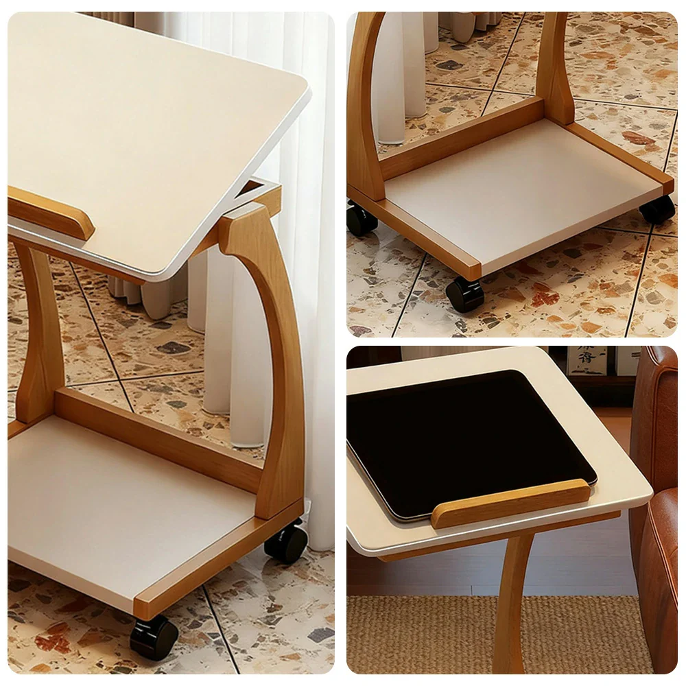 LIVARA 40cm Flip-Top C-Shaped Side Table, Solid Rubberwood Frame, Adjustable Angles, Multi-Tier Storage, Lockable Wheels, iPad & Laptop Holder - Walnut - Image 3