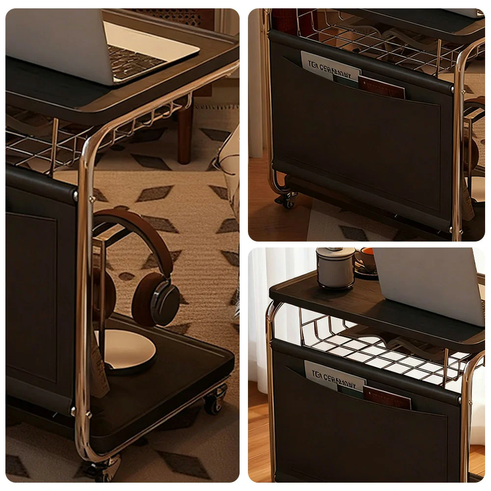 LIVARA 60cm Bedside Coffee Table, C-Shaped Computer Desk with Plated Metal Base & Wood Grain Top, Multi-Tier Storage, Side Pocket, Lockable Wheels - Black - Image 3