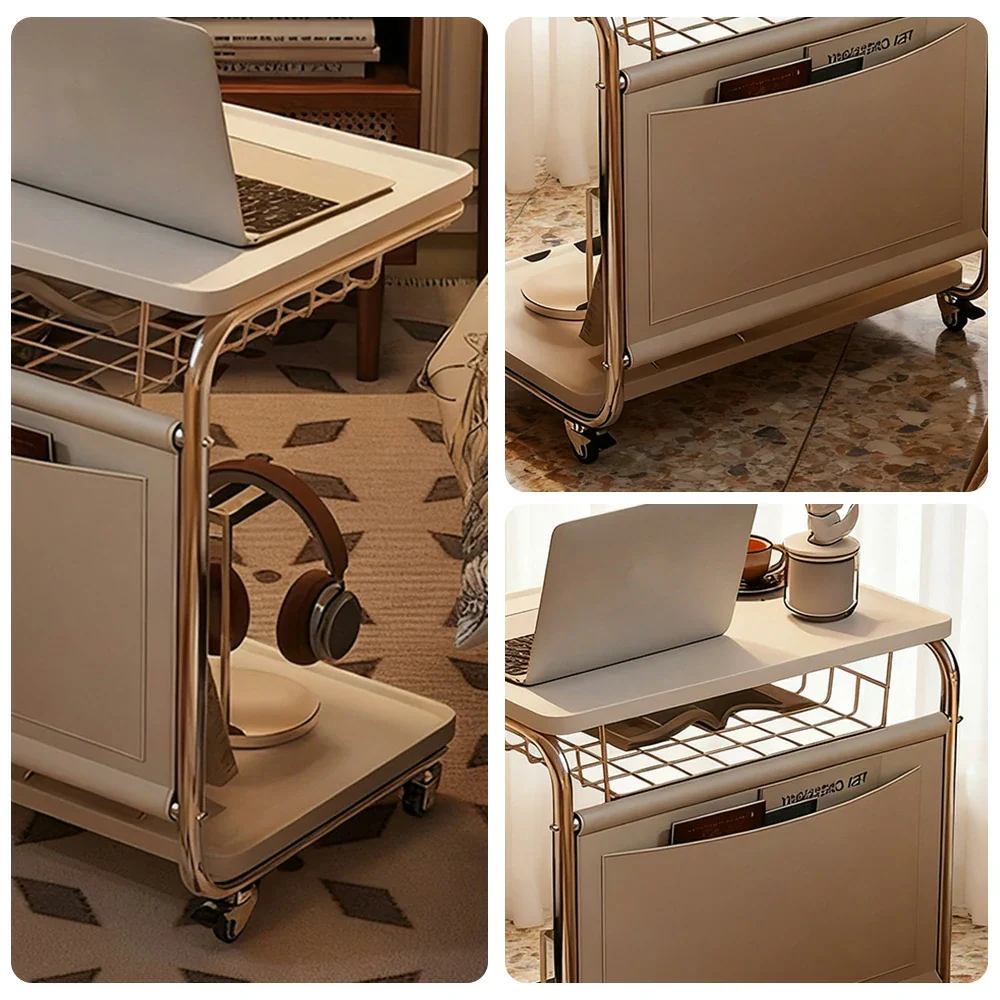 LIVARA 60cm Bedside Coffee Table, C-Shaped Computer Desk with Plated Metal Base & Wood Grain Top, Multi-Tier Storage, Side Pocket, Lockable Wheels - White - Image 3