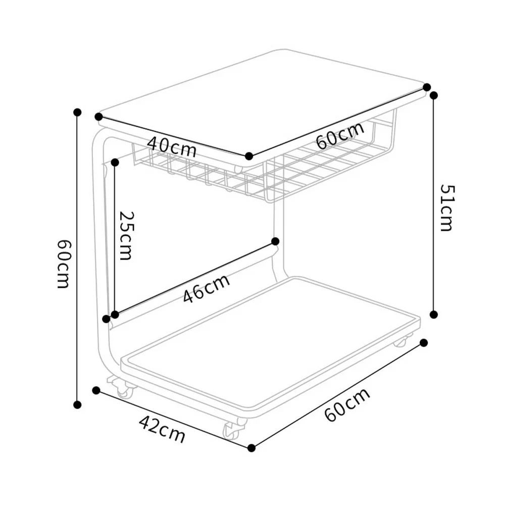 LIVARA 60cm Bedside Coffee Table, C-Shaped Computer Desk with Plated Metal Base & Wood Grain Top, Multi-Tier Storage, Side Pocket, Lockable Wheels - White - Image 5