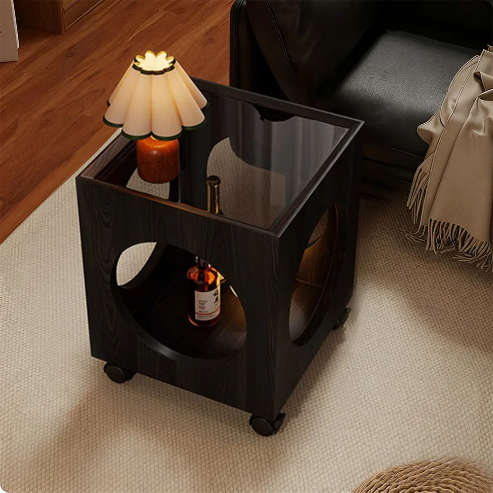 LIVARA 40cm Coffee Table,  Tempered Glass Top, Open Circular Storage, Lockable Wheels - Black - Image 2