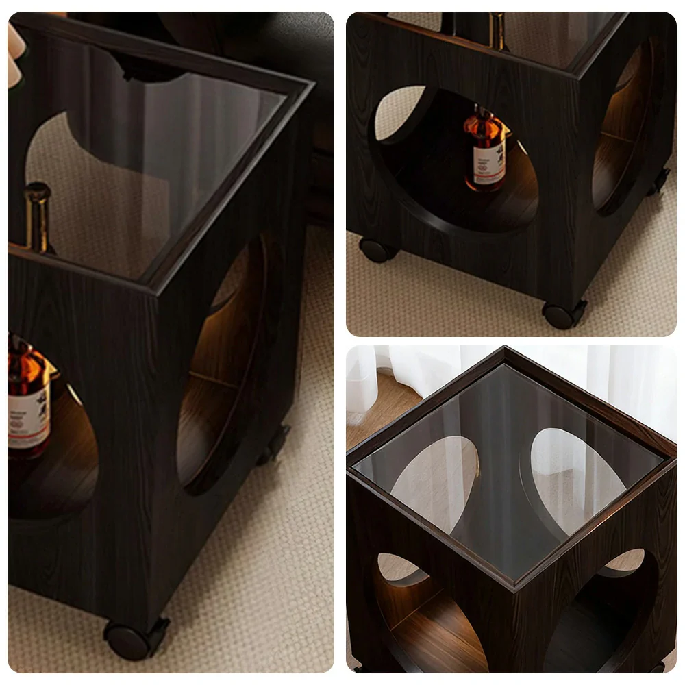 LIVARA 40cm Coffee Table,  Tempered Glass Top, Open Circular Storage, Lockable Wheels - Black - Image 3