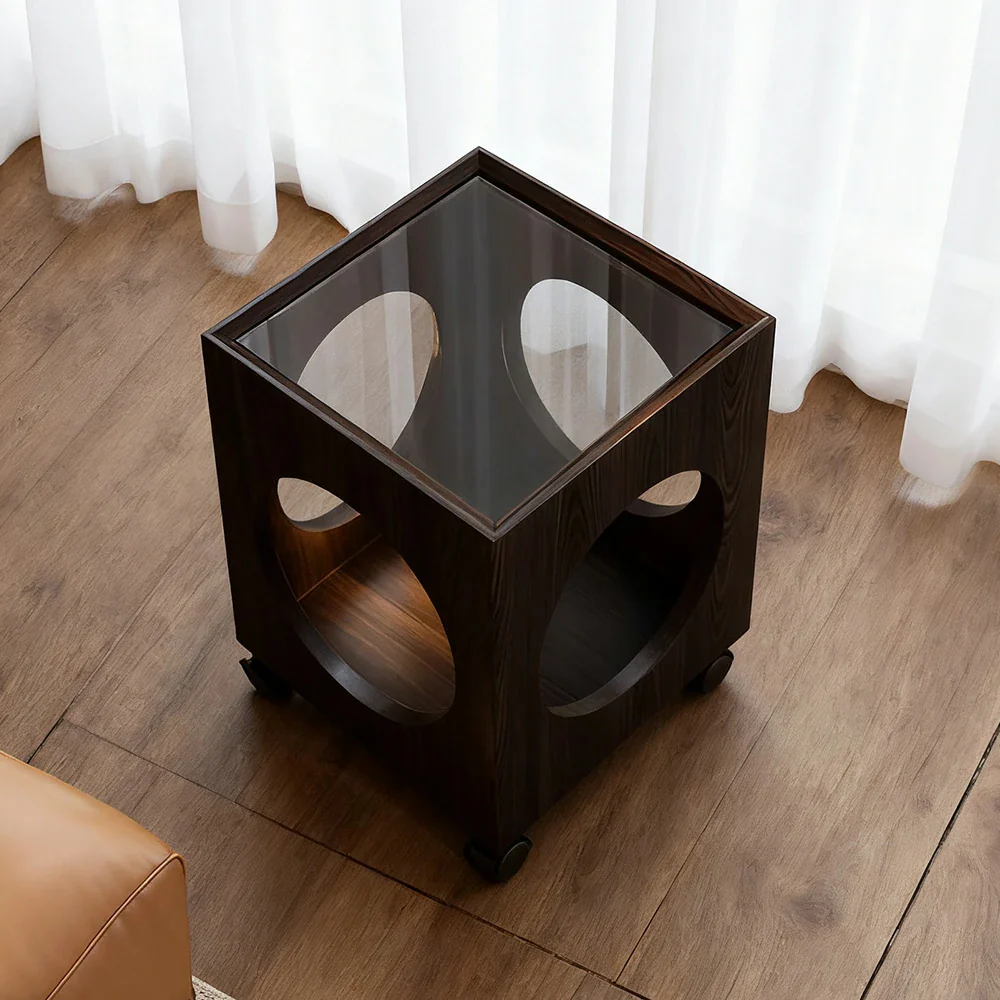 LIVARA 40cm Coffee Table,  Tempered Glass Top, Open Circular Storage, Lockable Wheels - Black - Image 4