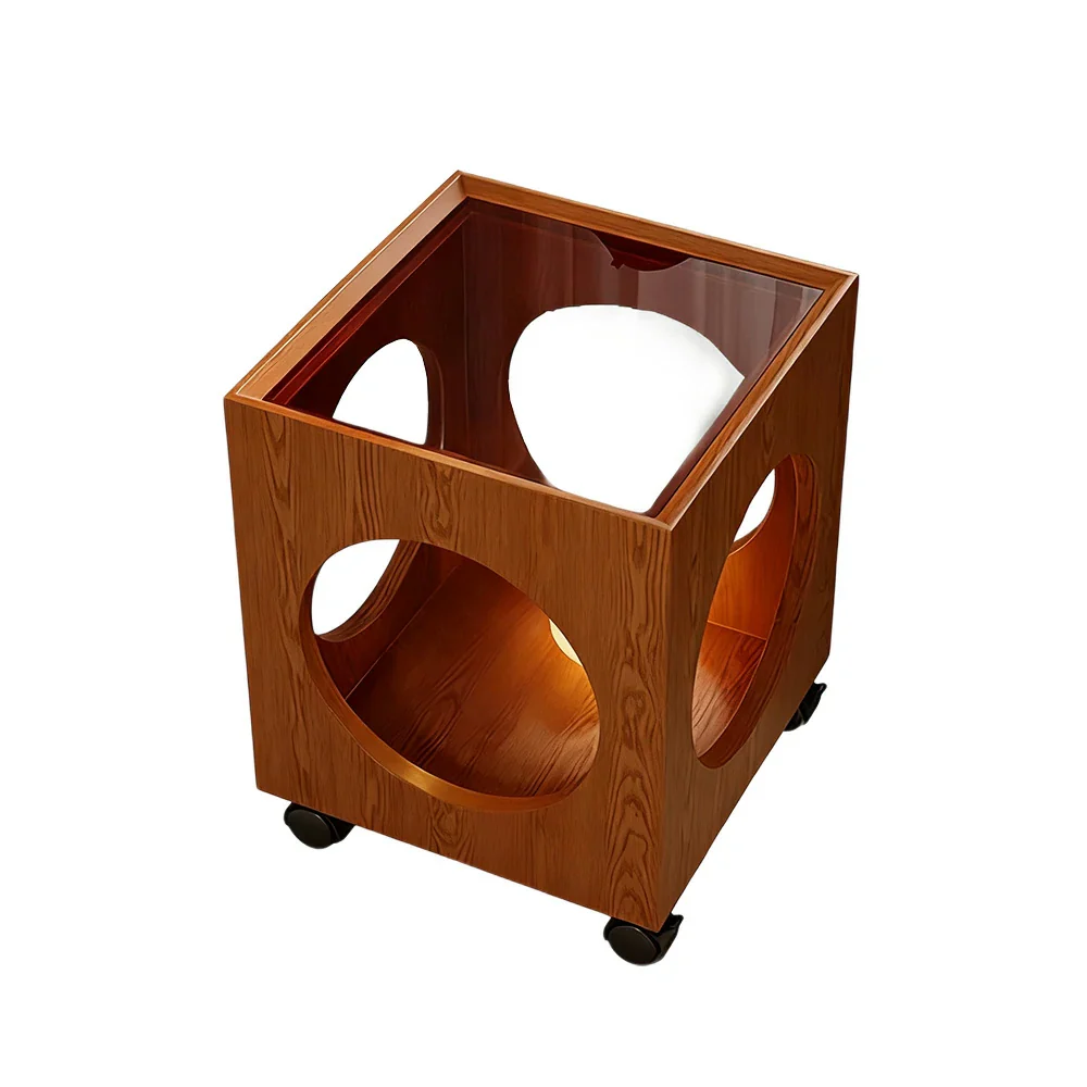 LIVARA 40cm Coffee Table, Tempered Glass Top, Open Circular Storage, Lockable Wheels - Walnut