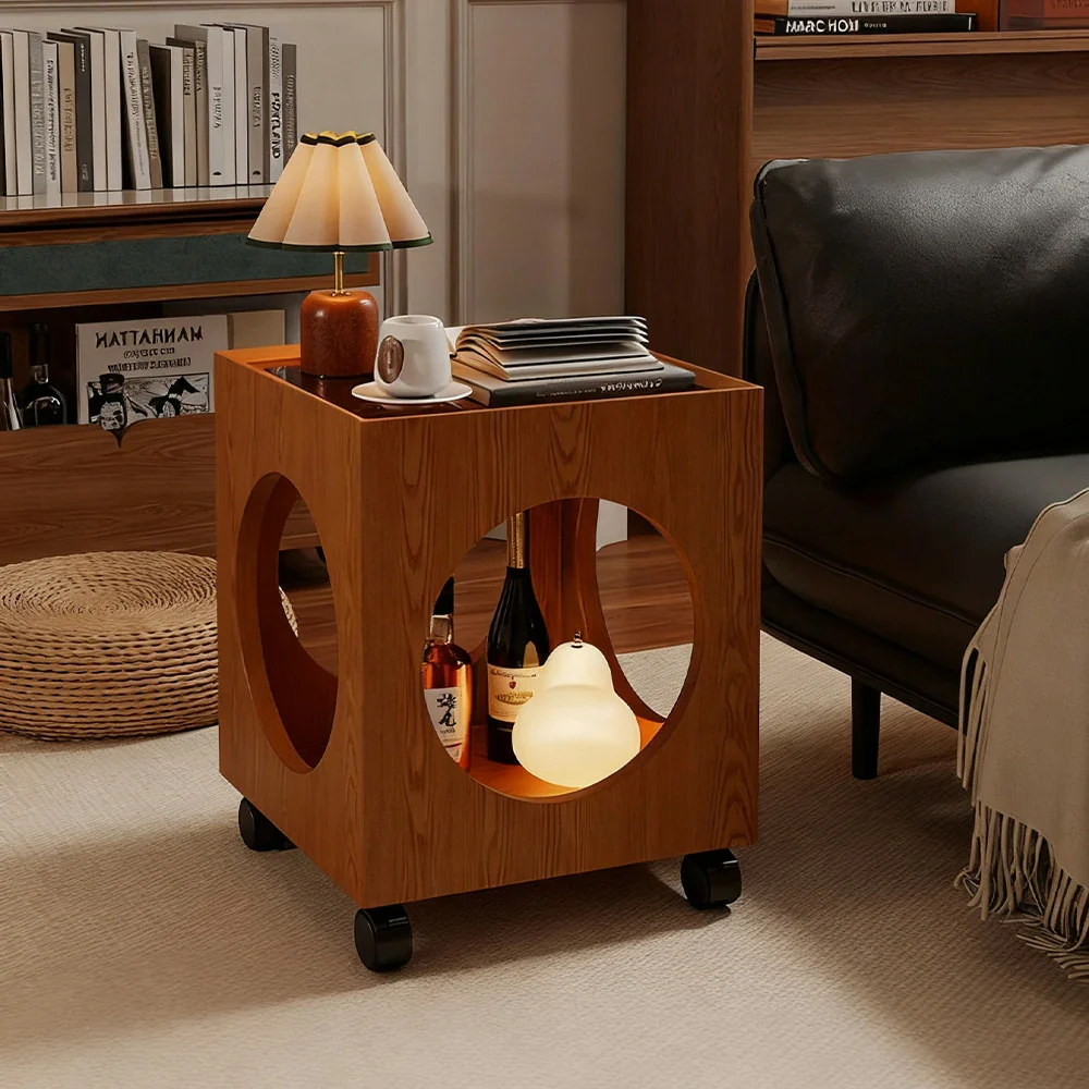 LIVARA 40cm Coffee Table, Tempered Glass Top, Open Circular Storage, Lockable Wheels - Walnut - Image 4