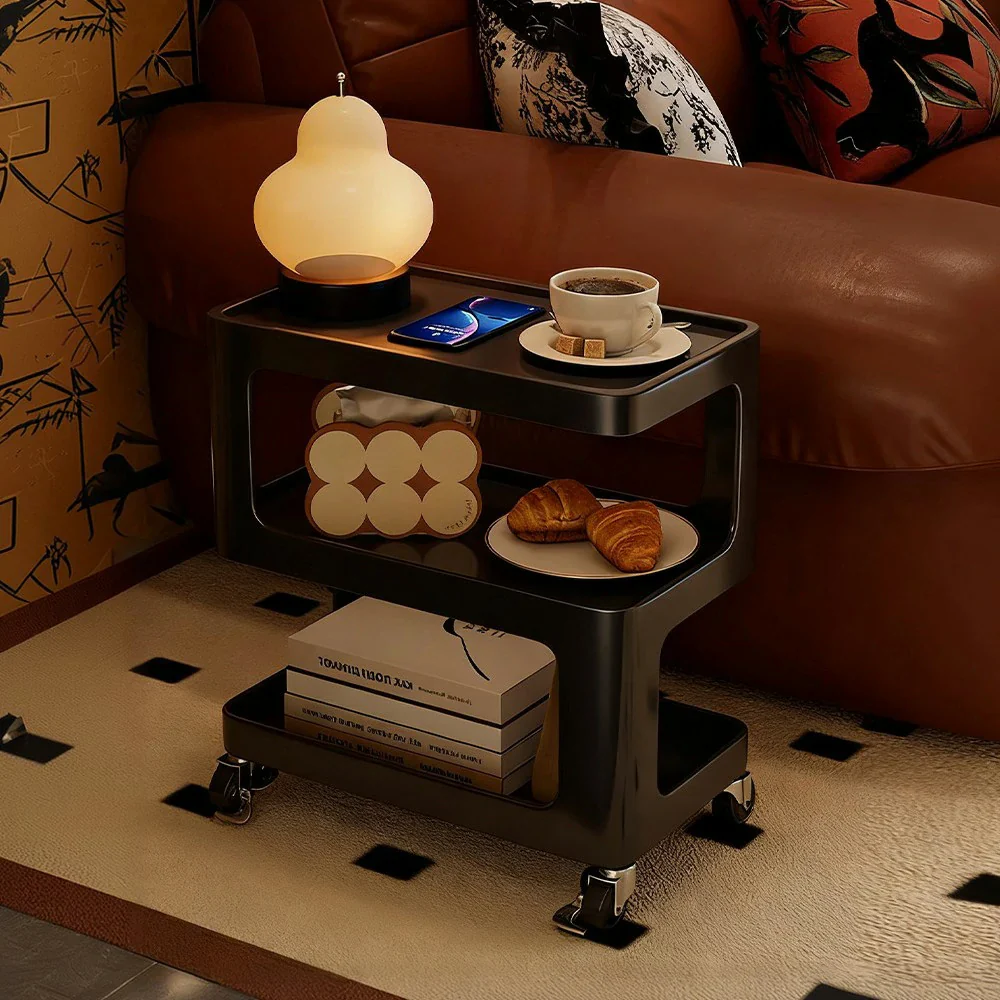 LIVARA Coffee Side Table, Matte Black Carbon Steel Frame, Sintered Stone Top, Three-Tier Storage, Lockable Wheels - Black - Image 12