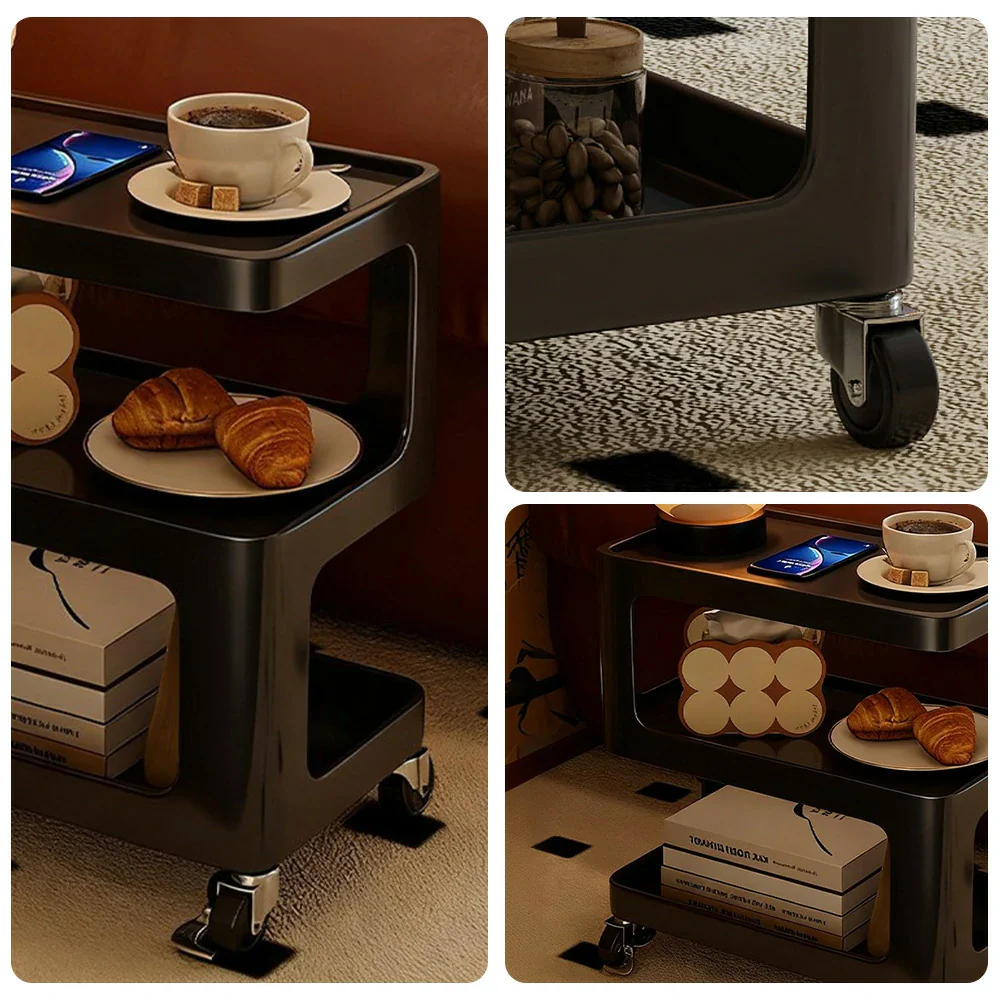 LIVARA Coffee Side Table, Matte Black Carbon Steel Frame, Sintered Stone Top, Three-Tier Storage, Lockable Wheels - Black - Image 13