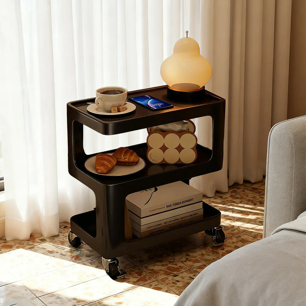 LIVARA Coffee Side Table, Matte Black Carbon Steel Frame, Sintered Stone Top, Three-Tier Storage, Lockable Wheels - Black - Image 14
