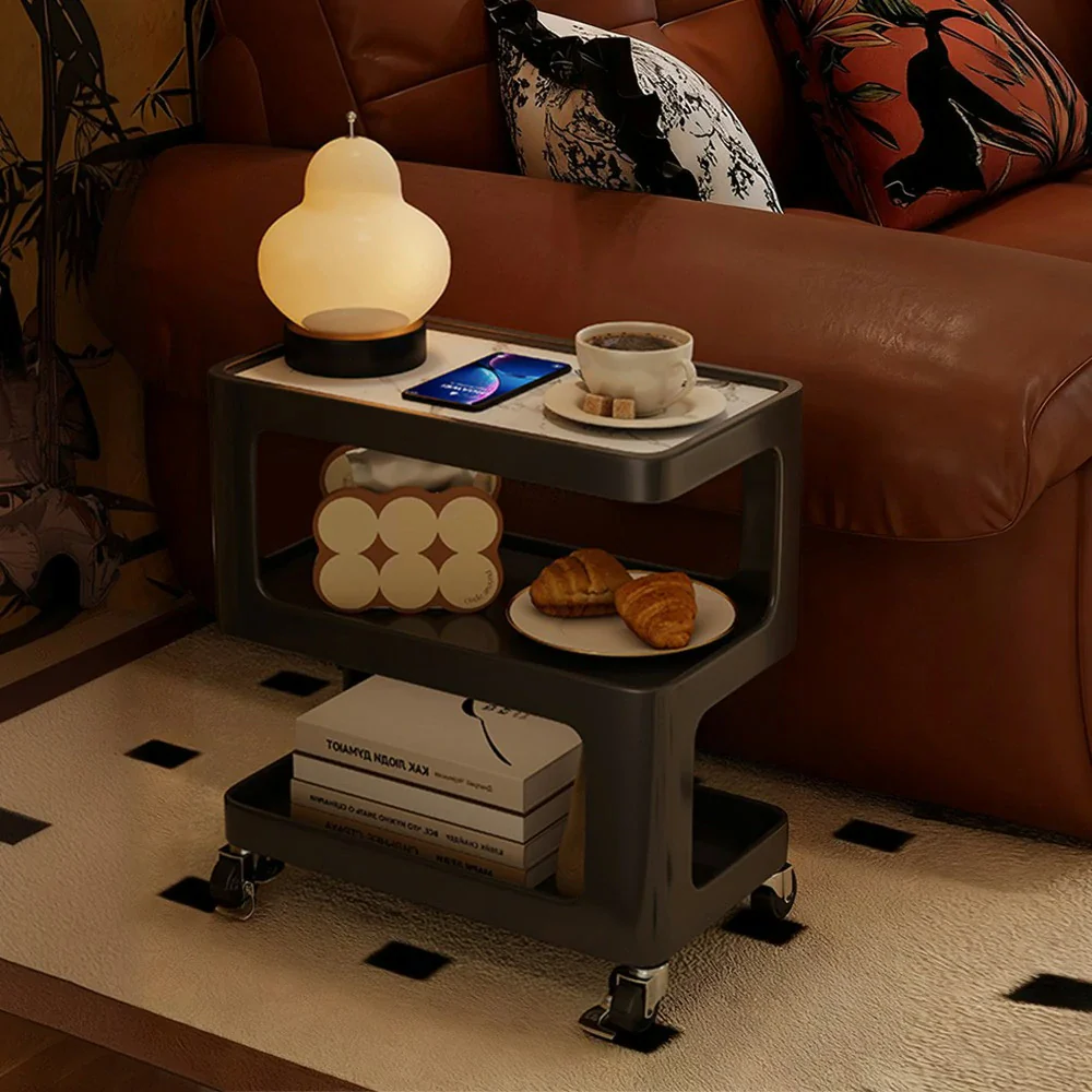 LIVARA Coffee Side Table, Matte Black Carbon Steel Frame, Sintered Stone Top, Three-Tier Storage, Lockable Wheels - Black - Image 2