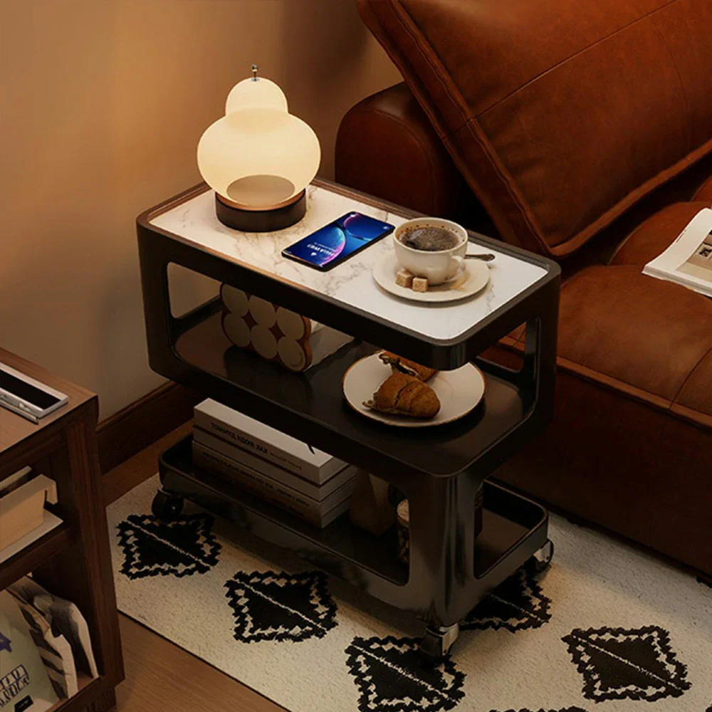LIVARA Coffee Side Table, Matte Black Carbon Steel Frame, Sintered Stone Top, Three-Tier Storage, Lockable Wheels - Black - Image 4