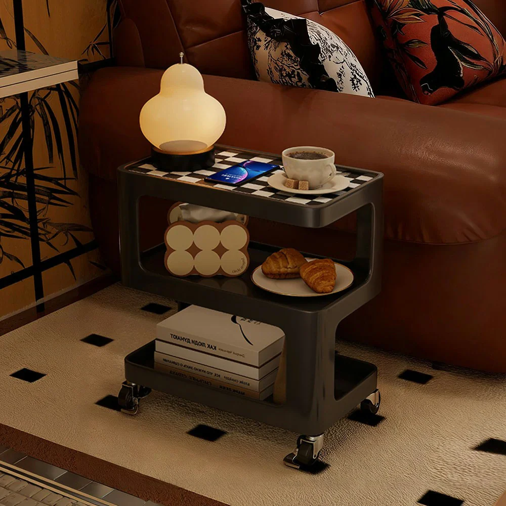 LIVARA Coffee Side Table, Matte Black Carbon Steel Frame, Sintered Stone Top, Three-Tier Storage, Lockable Wheels - Black - Image 7