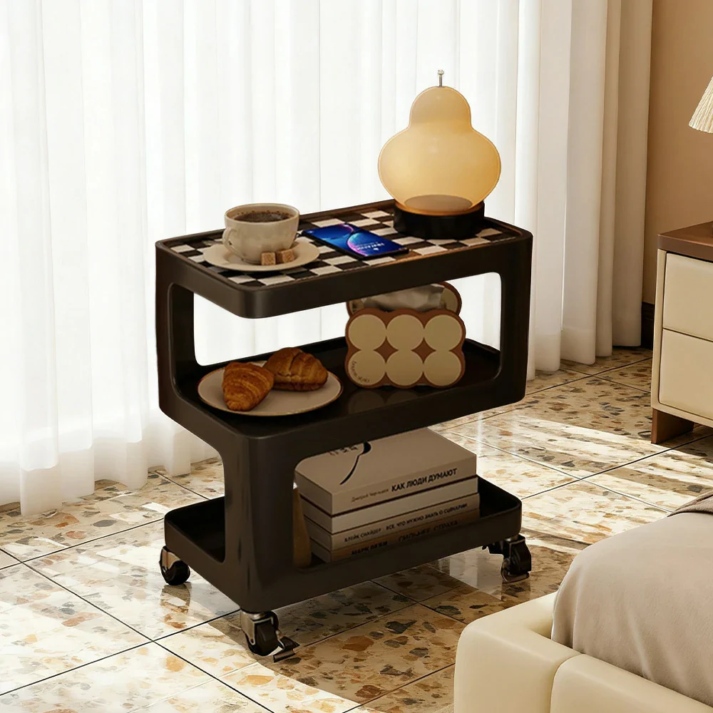 LIVARA Coffee Side Table, Matte Black Carbon Steel Frame, Sintered Stone Top, Three-Tier Storage, Lockable Wheels - Black - Image 9