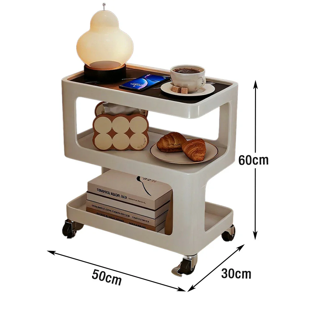 LIVARA Coffee Side Table, Matte Black Carbon Steel Frame, Sintered Stone Top, Three-Tier Storage, Lockable Wheels - White - Image 15