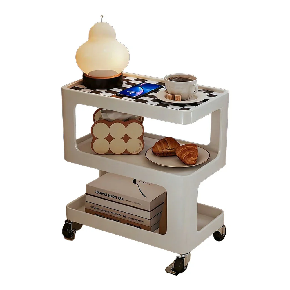 LIVARA Coffee Side Table, Matte Black Carbon Steel Frame, Sintered Stone Top, Three-Tier Storage, Lockable Wheels - White - Image 6
