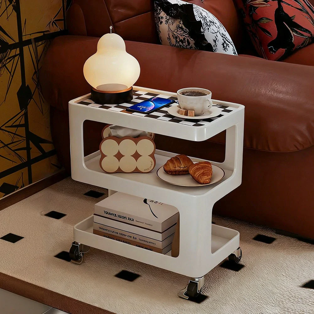 LIVARA Coffee Side Table, Matte Black Carbon Steel Frame, Sintered Stone Top, Three-Tier Storage, Lockable Wheels - White - Image 7