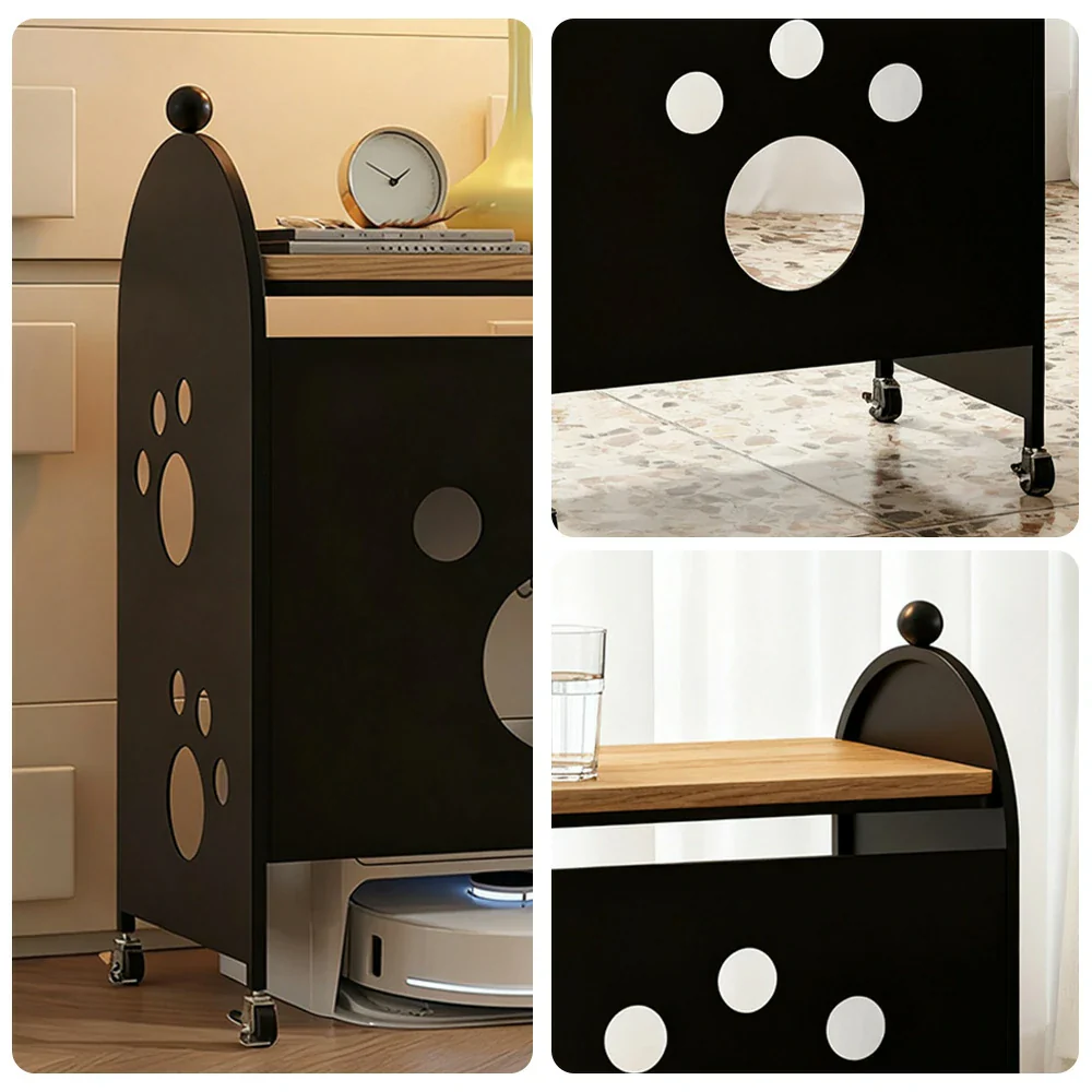 LIVARA Storage Rack with Solid Wood Top, Robot Vacuum Compatible Base, Partition Design, Lockable Casters – Durable & Space-Saving - Black - Image 3